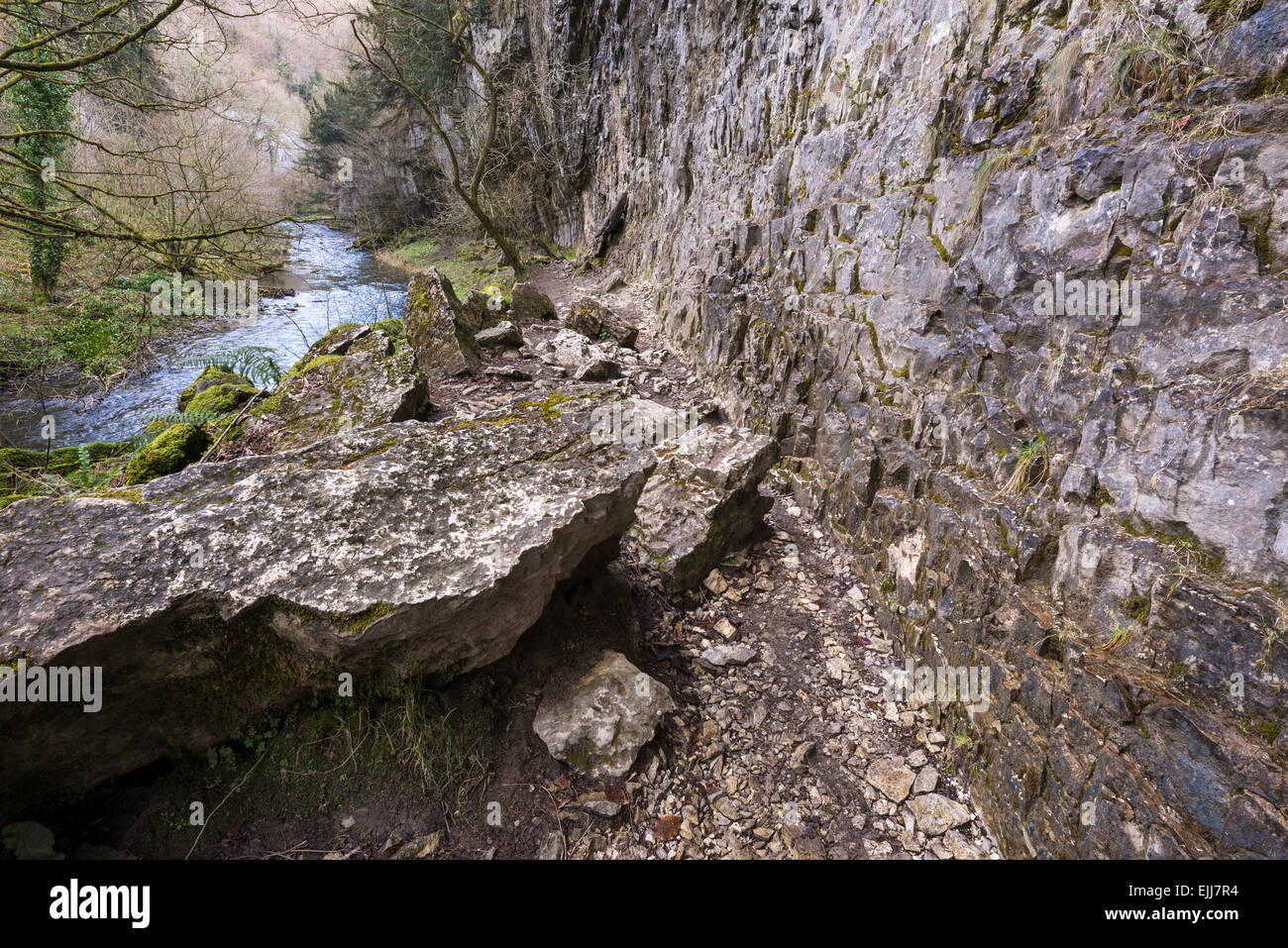 Dramatic limestone cliff overhanging the river Wye in Chee Dale, Derbyshire. Stock Photo