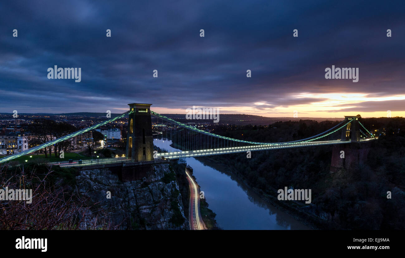 Winter sunset at Brunel's Clifton Suspension Bridge, Bristol. This iconic bridge has just celebrated its 150th Anniversary. Stock Photo