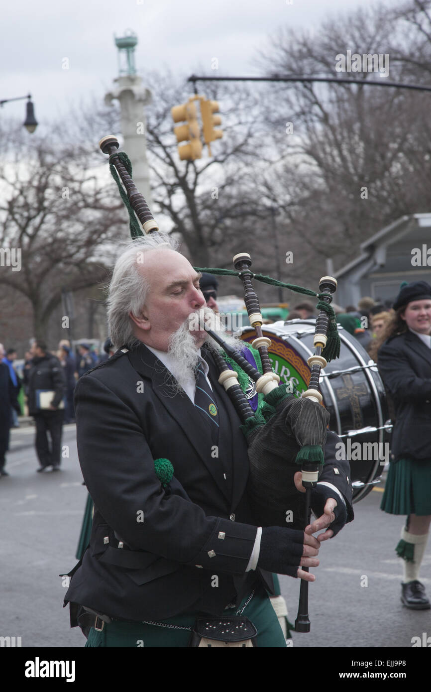 Clann Eireann Pipe Band march in the Irish American Parade in Park SLope, Brooklyn, New York. Stock Photo