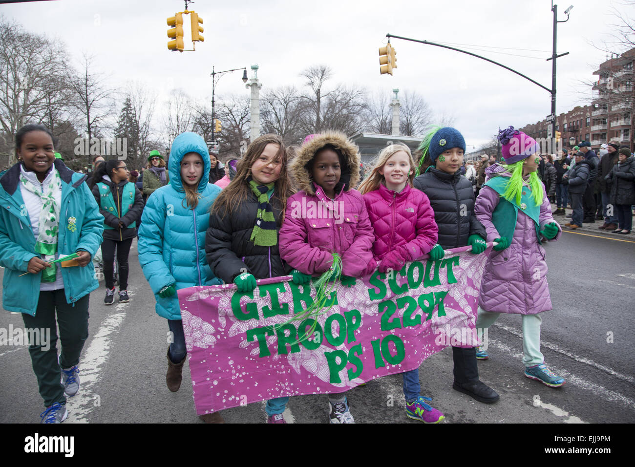 Girl Scout troop marches in the Irish Parade in Park Slope, Brooklyn, New York. Stock Photo