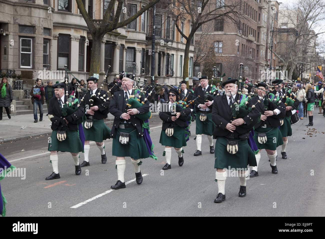 Clann Eireann Pipe Band march in the Irish American Parade in Park SLope, Brooklyn, New York. Stock Photo