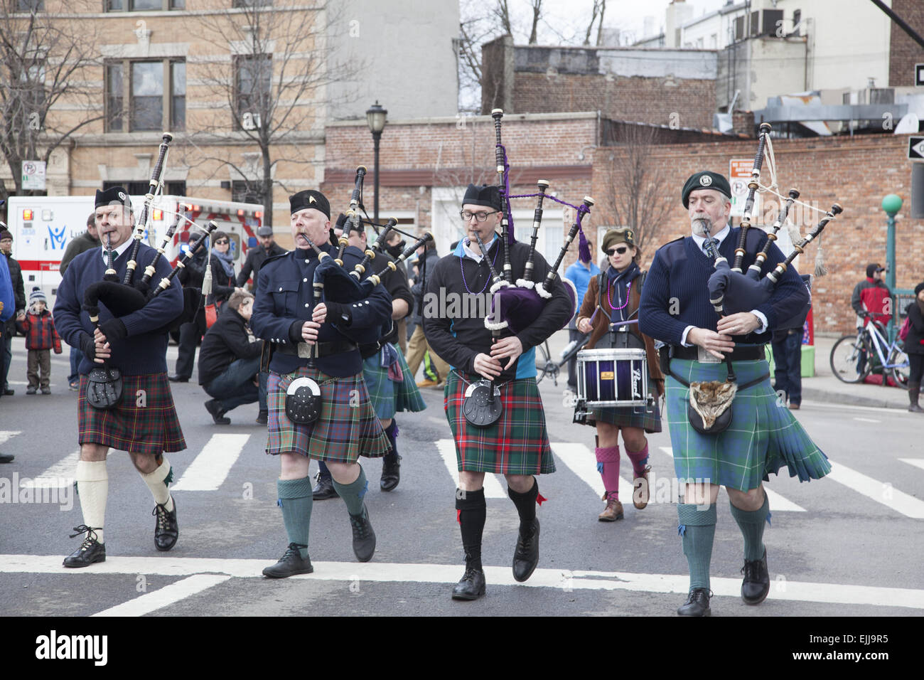 Bagpipers march in the St. Patrick's Day Parade in Park Slope, Brooklyn