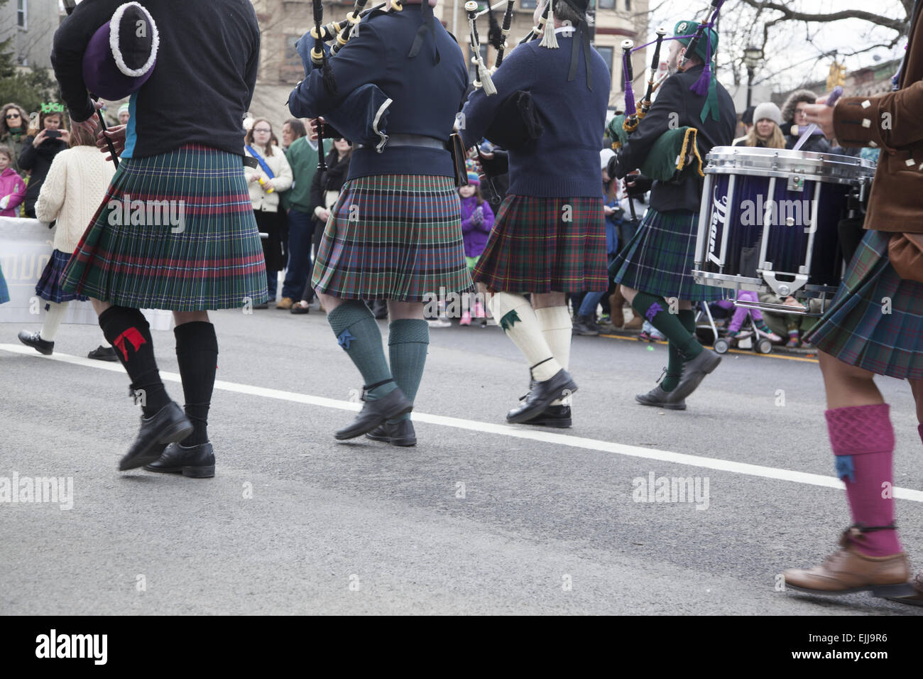 Bagpipers march in the St. Patrick's Day Parade in Park Slope, Brooklyn, NY. Stock Photo
