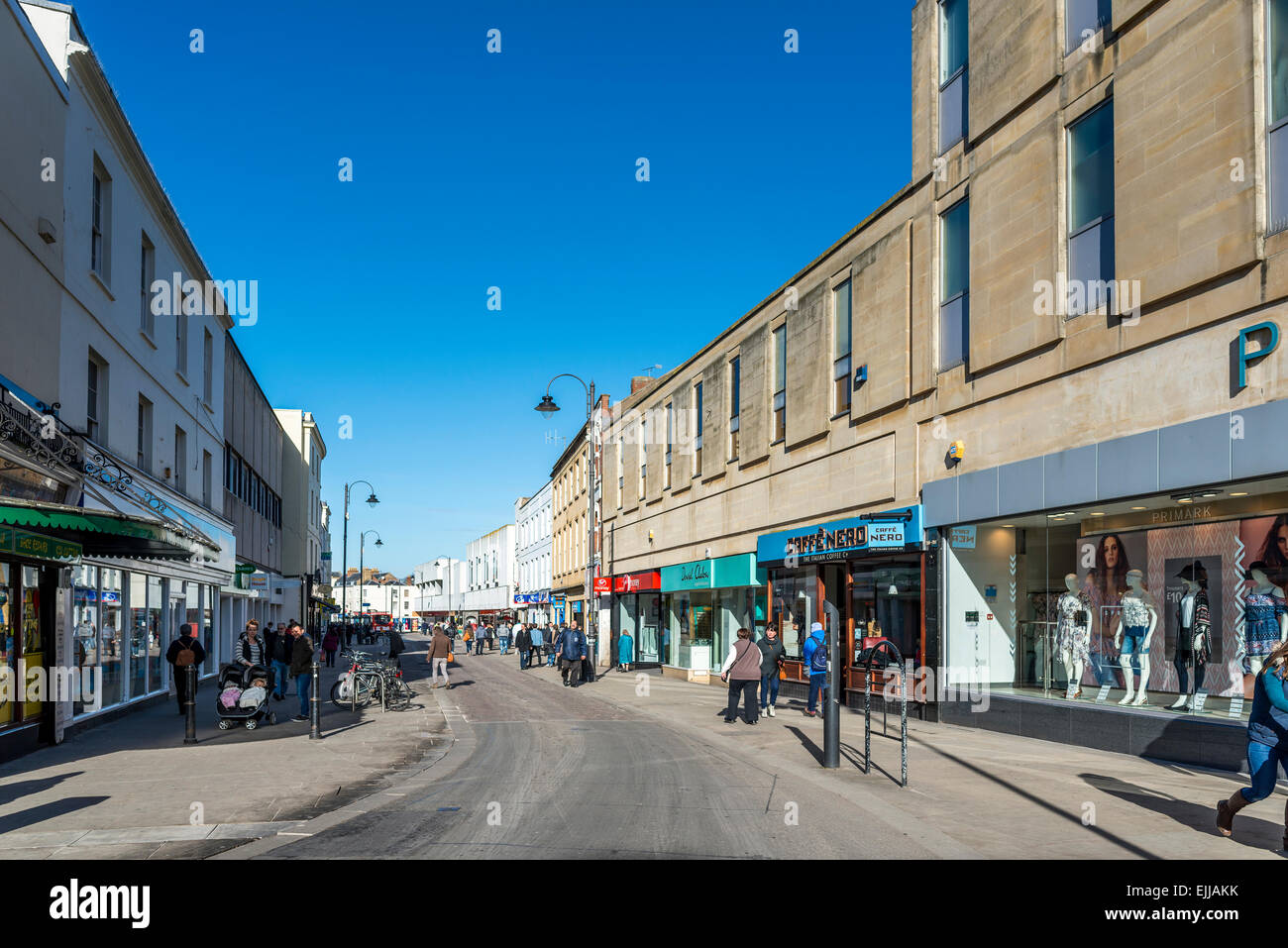 The High Street in Cheltenham is at the heart of the town centre and the principal shopping street in the town Stock Photo