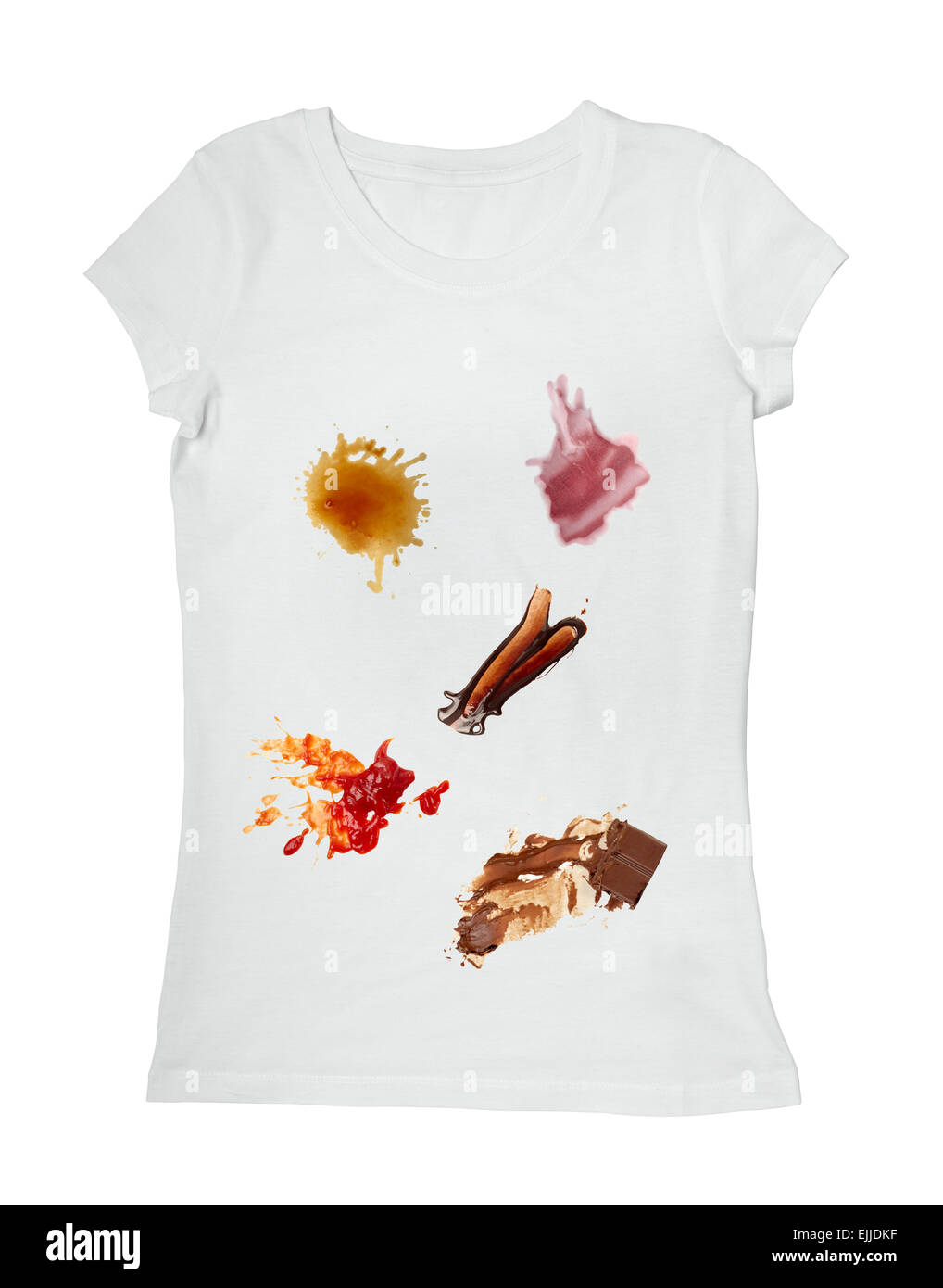 collection of various food stains from ketchup, chocolate, coffee and wine  on white t shirt Stock Photo - Alamy