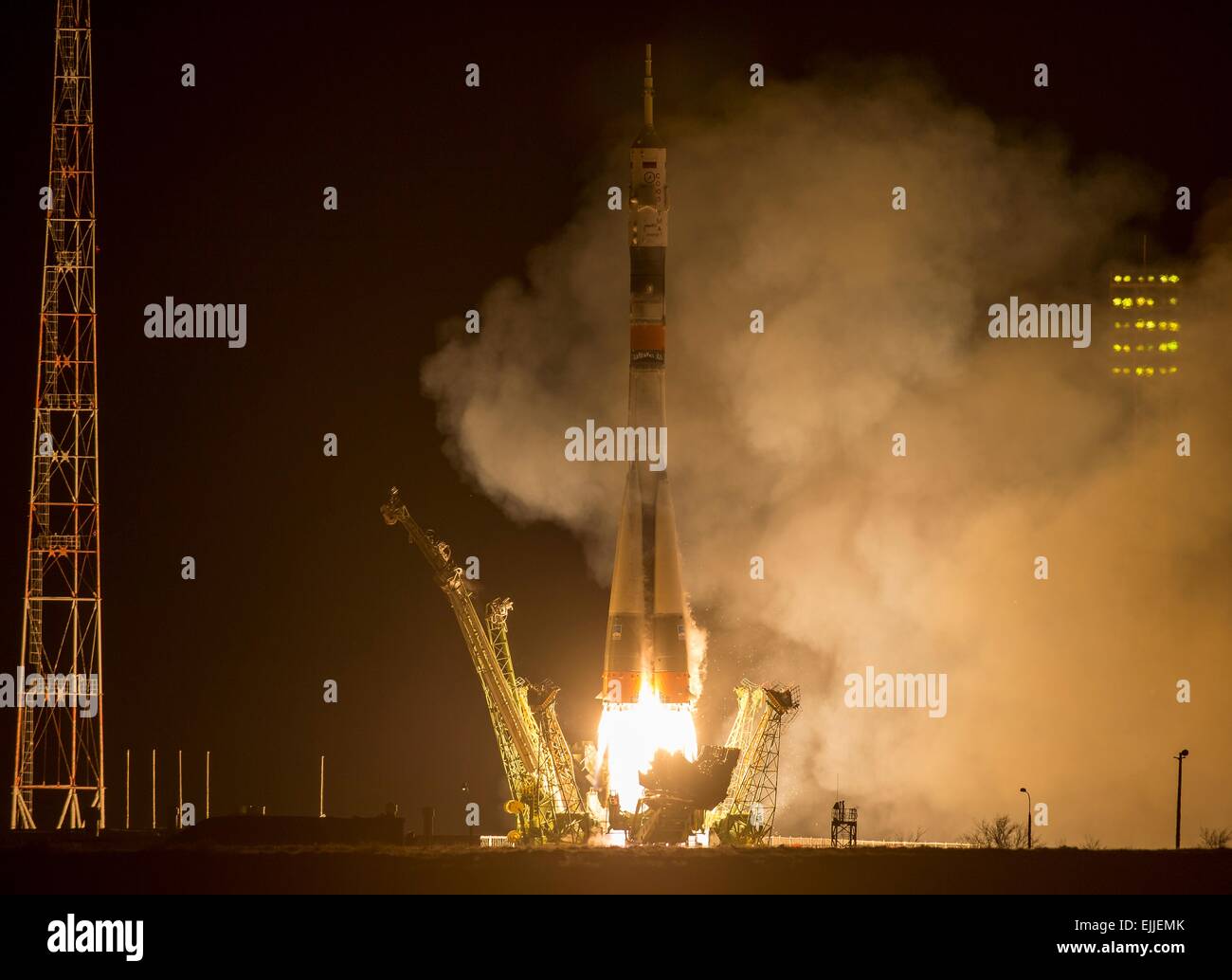 The Russian Soyuz TMA-16M rocket launches to the International Space Station carrying Expedition 43 crew members March 27, 2015 in Baikonur, Kazakhstan. NASA astronaut Scott Kelly and cosmonauts Mikhail Kornienko and Gennady Padalka are on a year long mission onboard the ISS. Stock Photo