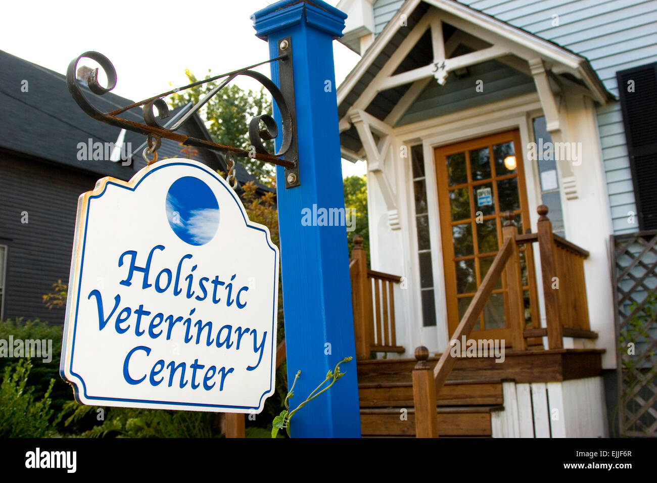 Holistic veterinary center sign in front of veterinary clinic Stock Photo