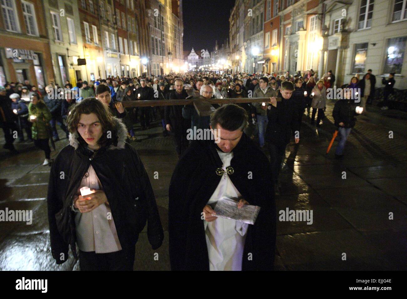 Gdansk, Poland 27th, March 2015  Hundreds of Catholics participate in annual Way of Cross at Gdansk Old City streets. Stock Photo