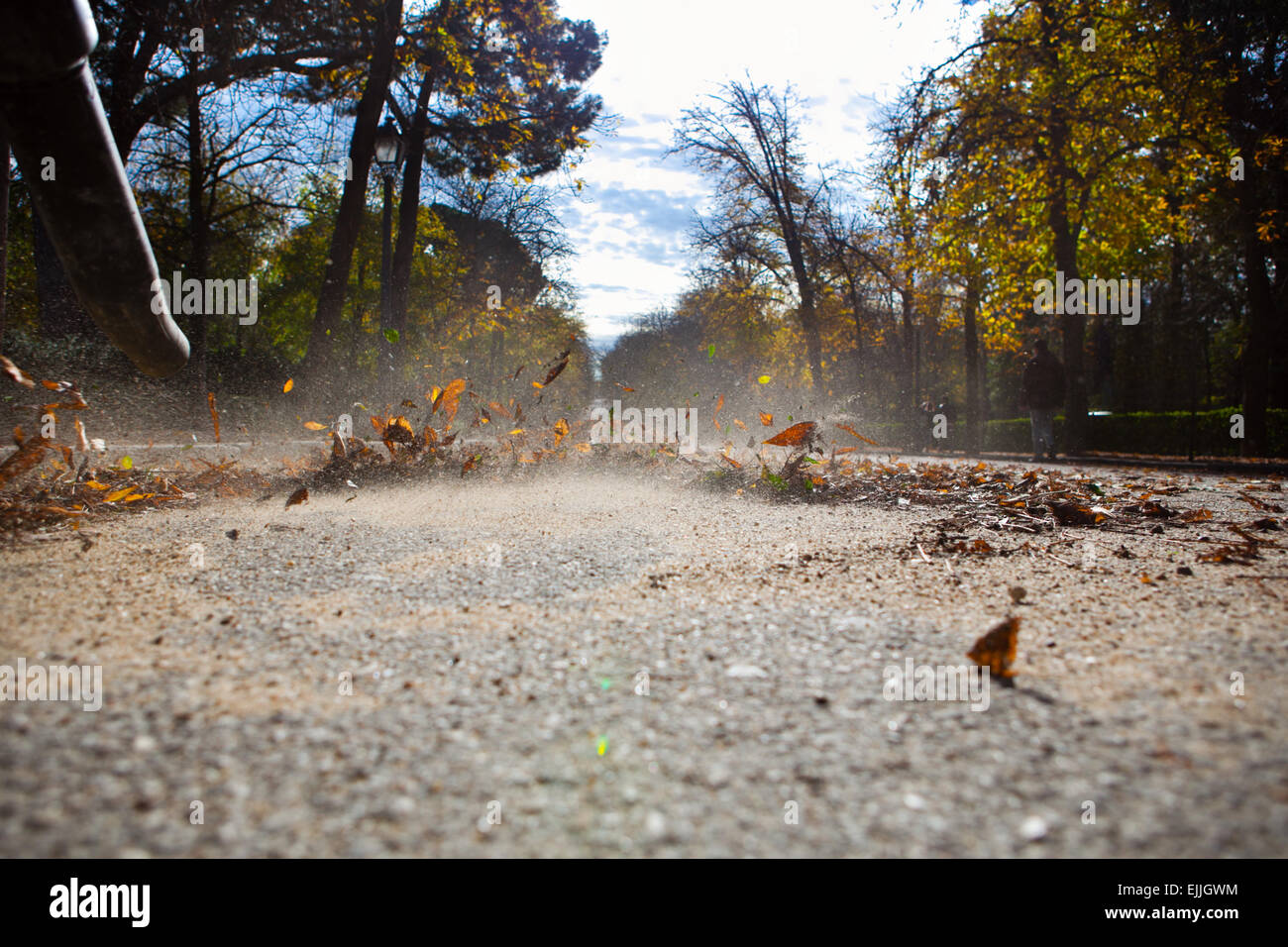 Worker in autumn with a leaf blower. Retiro park, Spain Stock Photo