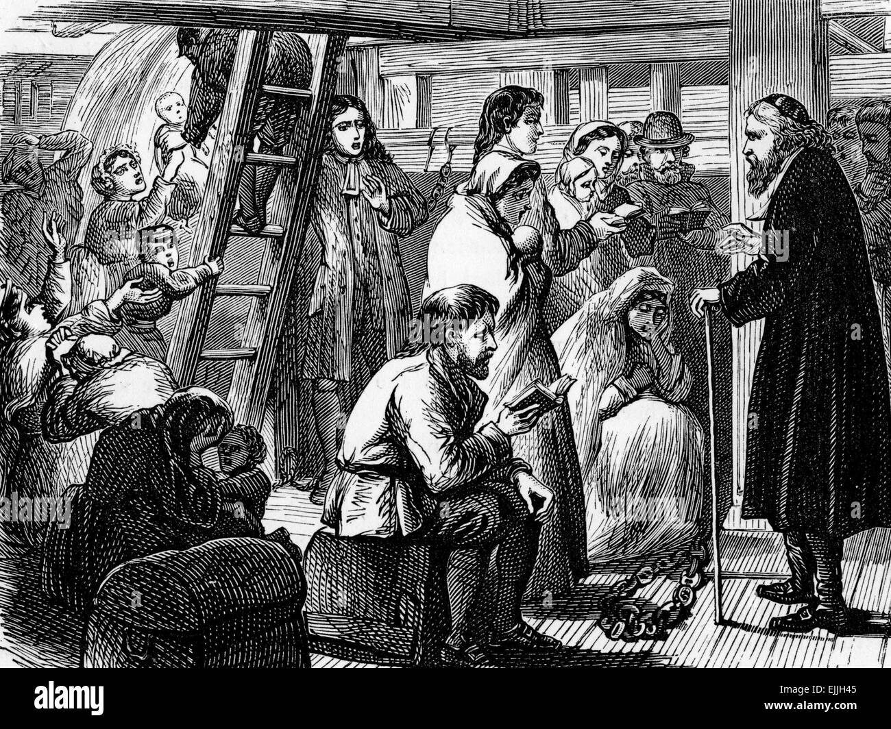 John Wesley with German passengers on board ship going to the Americas; engraving from Selections from the Journal of John Wesle Stock Photo