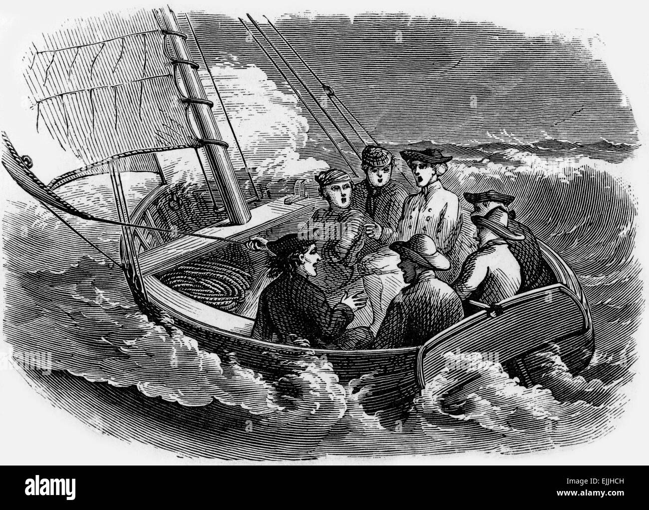Men pray for safety caught in a sailing boat in rough seas, engraving from Selections from the Journal of John Wesley, 1891 Stock Photo