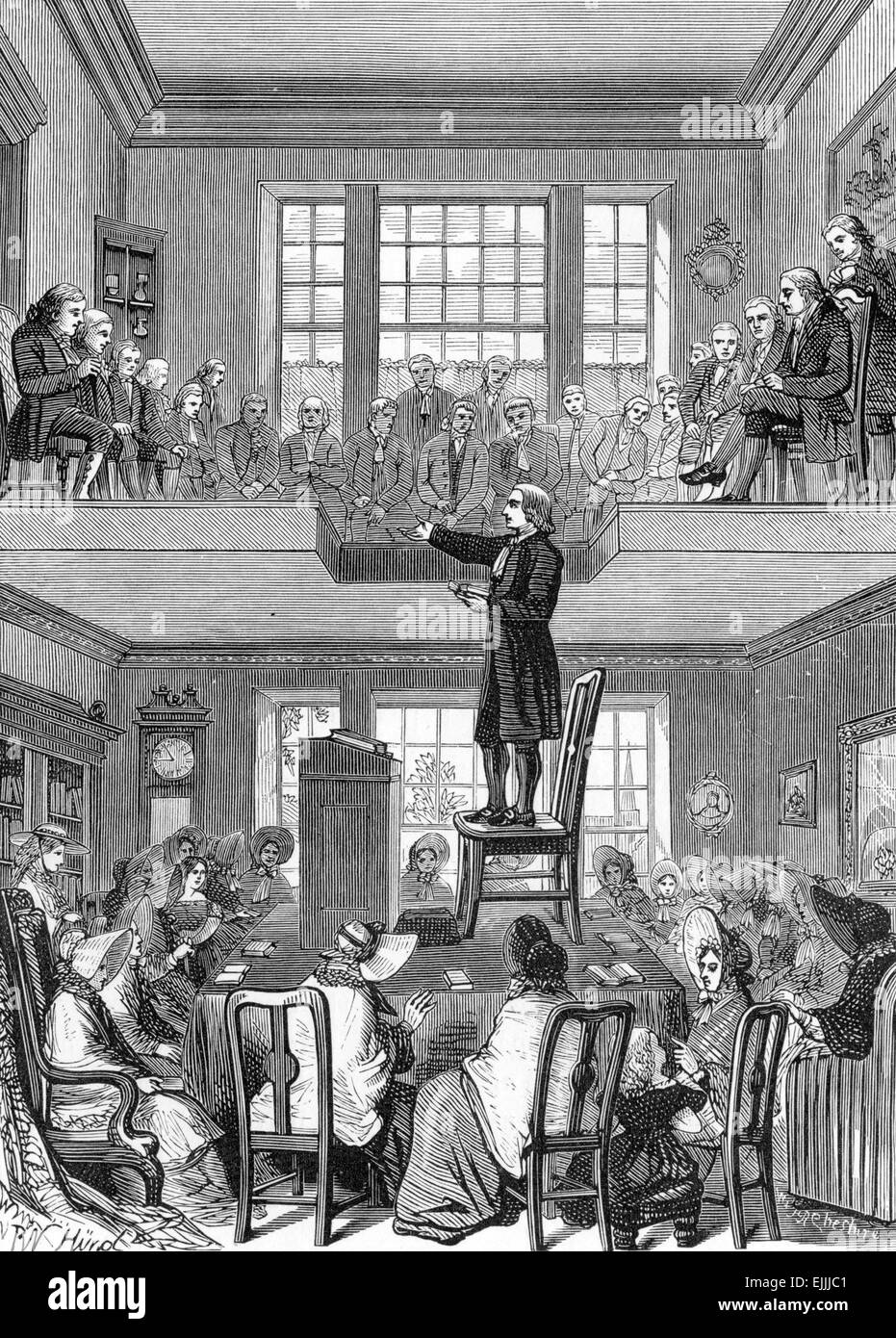 John Wesley stands on a chair while preaching to the public gallery, engraving from Selections from the Journal of John Wesley, Stock Photo