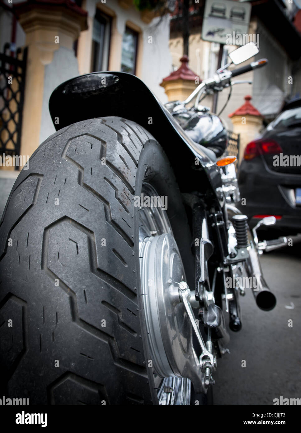 Big motorbike wheel with new tire Stock Photo Alamy