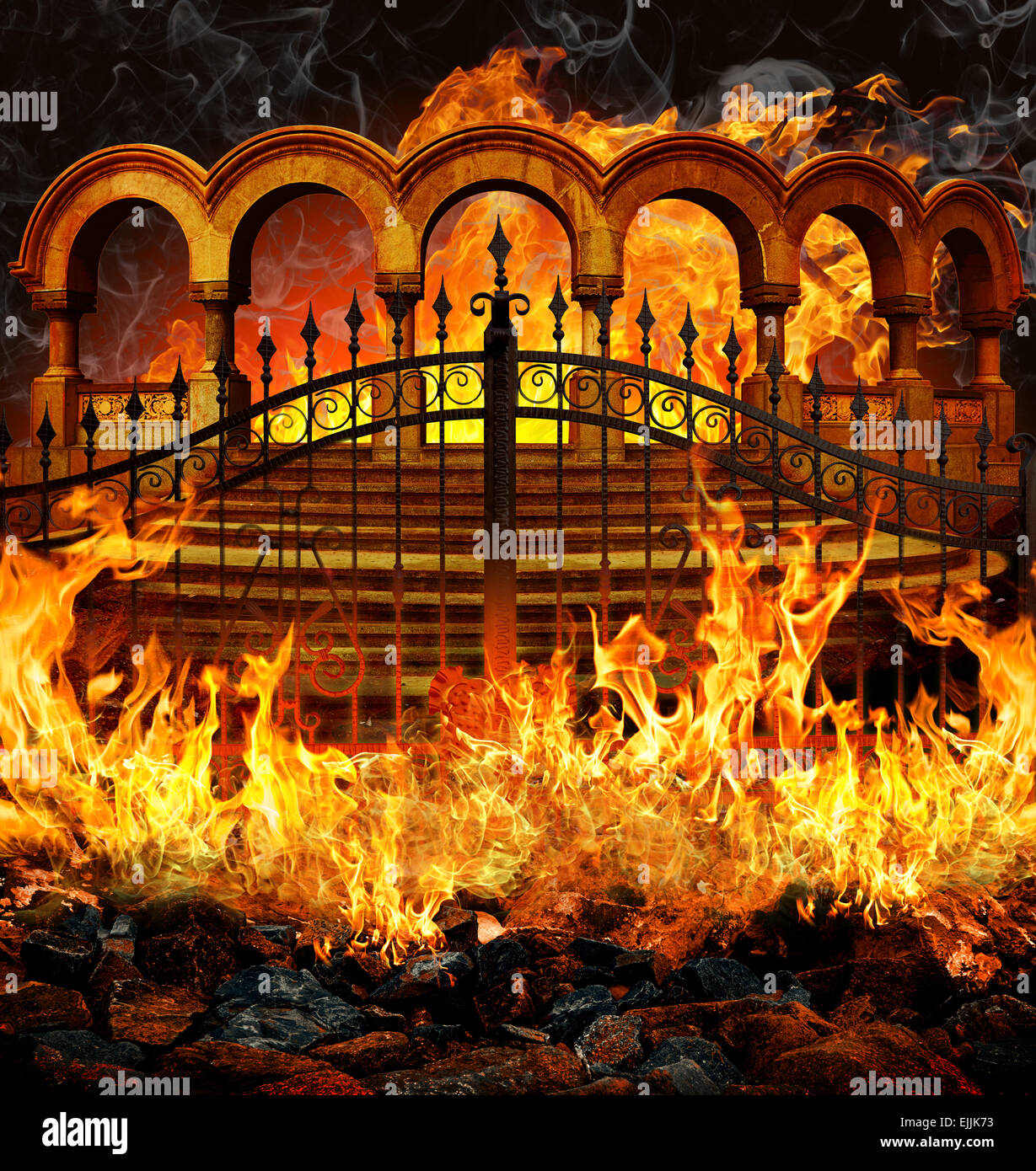 Hell gates, stairs and portal like columns with fire flames and smoke. Stock Photo