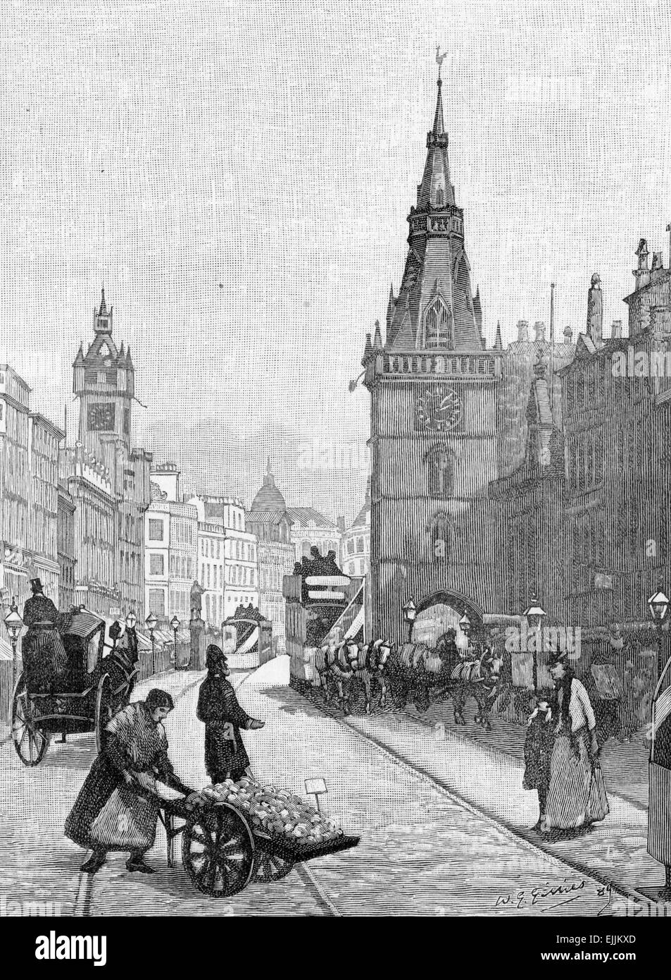 Street scene from 18th Century Glasgow, engraving from Selections from the Journal of John Wesley, 1891 Stock Photo