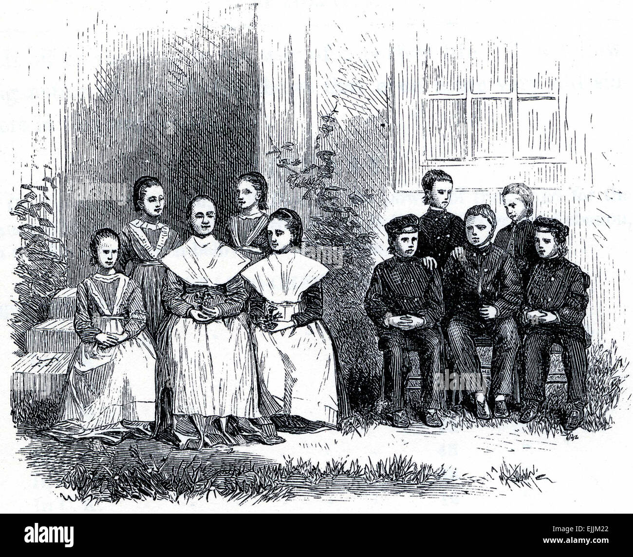 Group of Shaker children in 19th Century USA, engraving from The