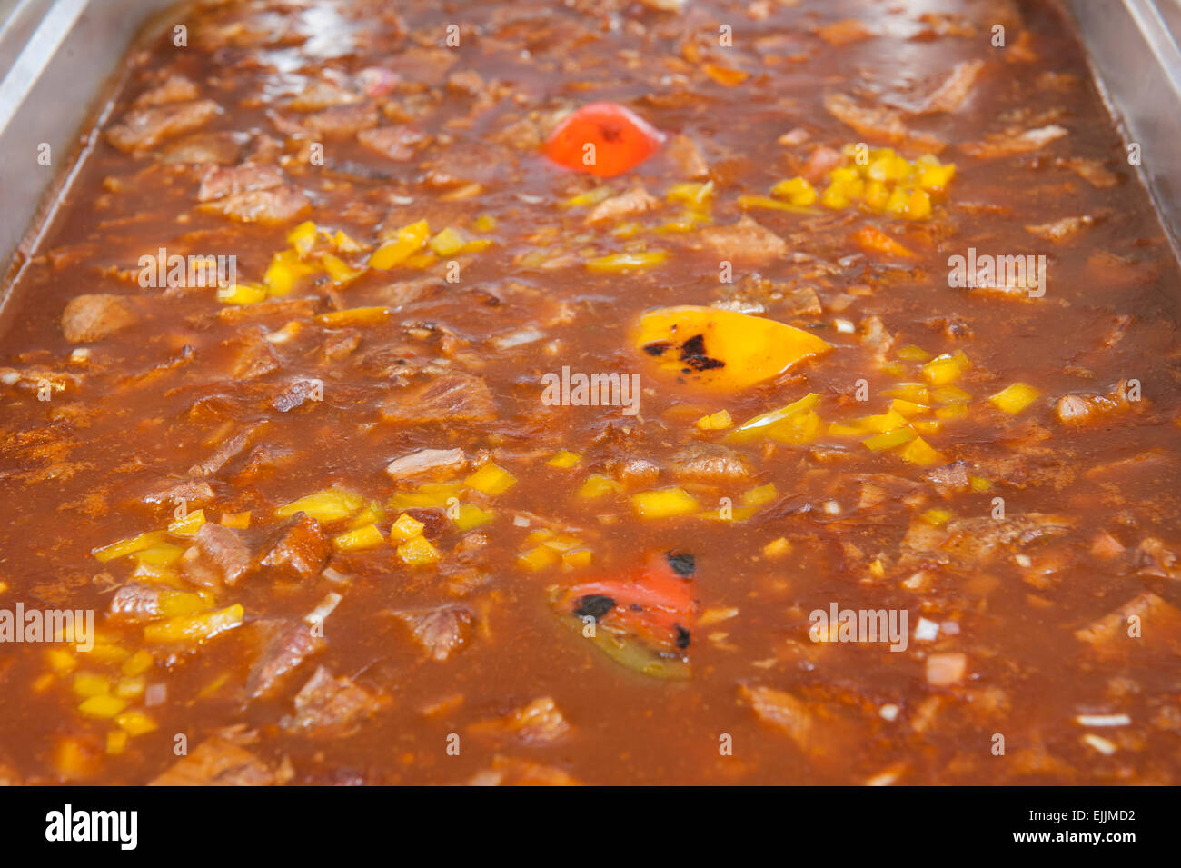 Closeup of german beef ragout on display at a hotel restaurant buffet Stock Photo