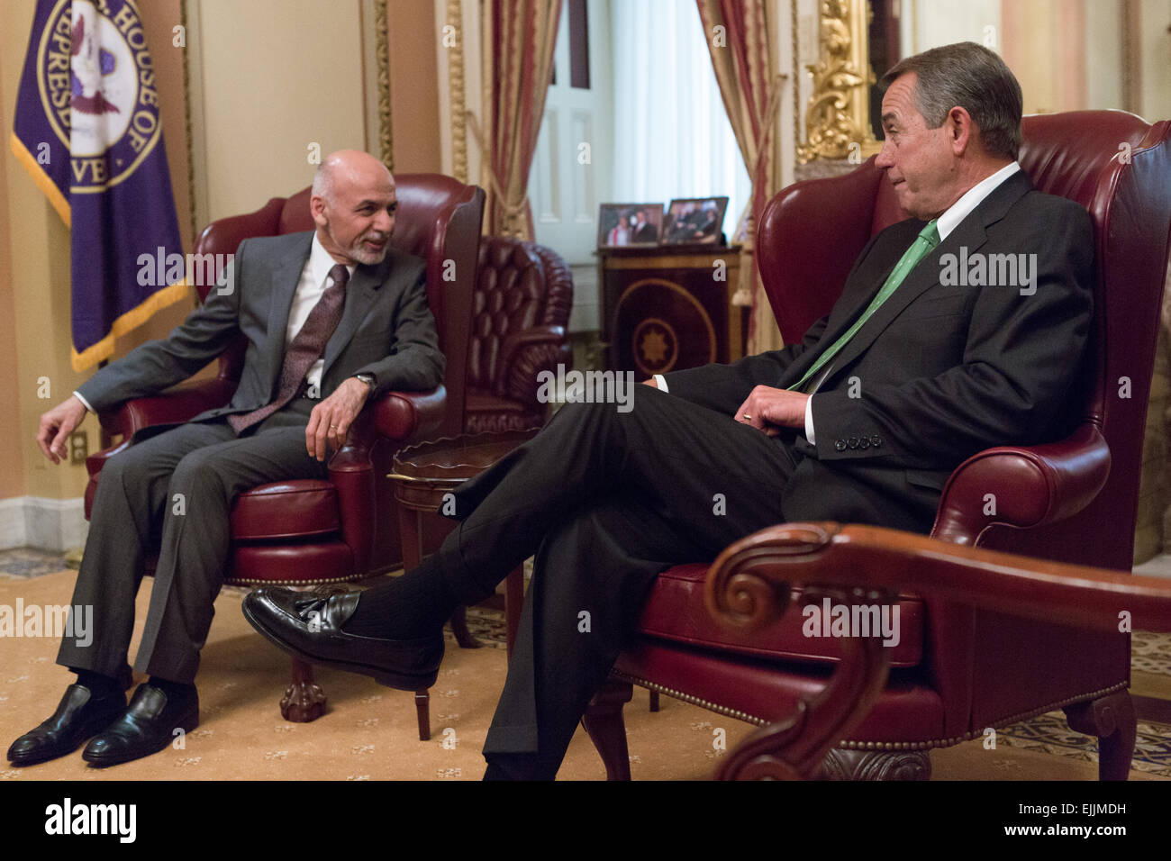 US Speaker of the House John Boehner meets with Afghan President Ashraf Ghani before his addresses to a joint session of Congress March 25, 2015 in Washington, DC. Stock Photo