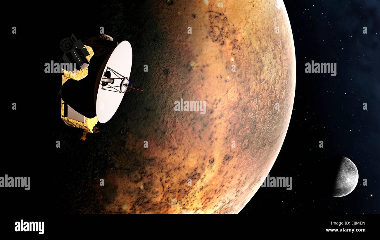 New Horizons spacecraft at Pluto artwork. New Horizons launched from Earth on 19 January 2006 and will arrive at Pluto in July Stock Photo
