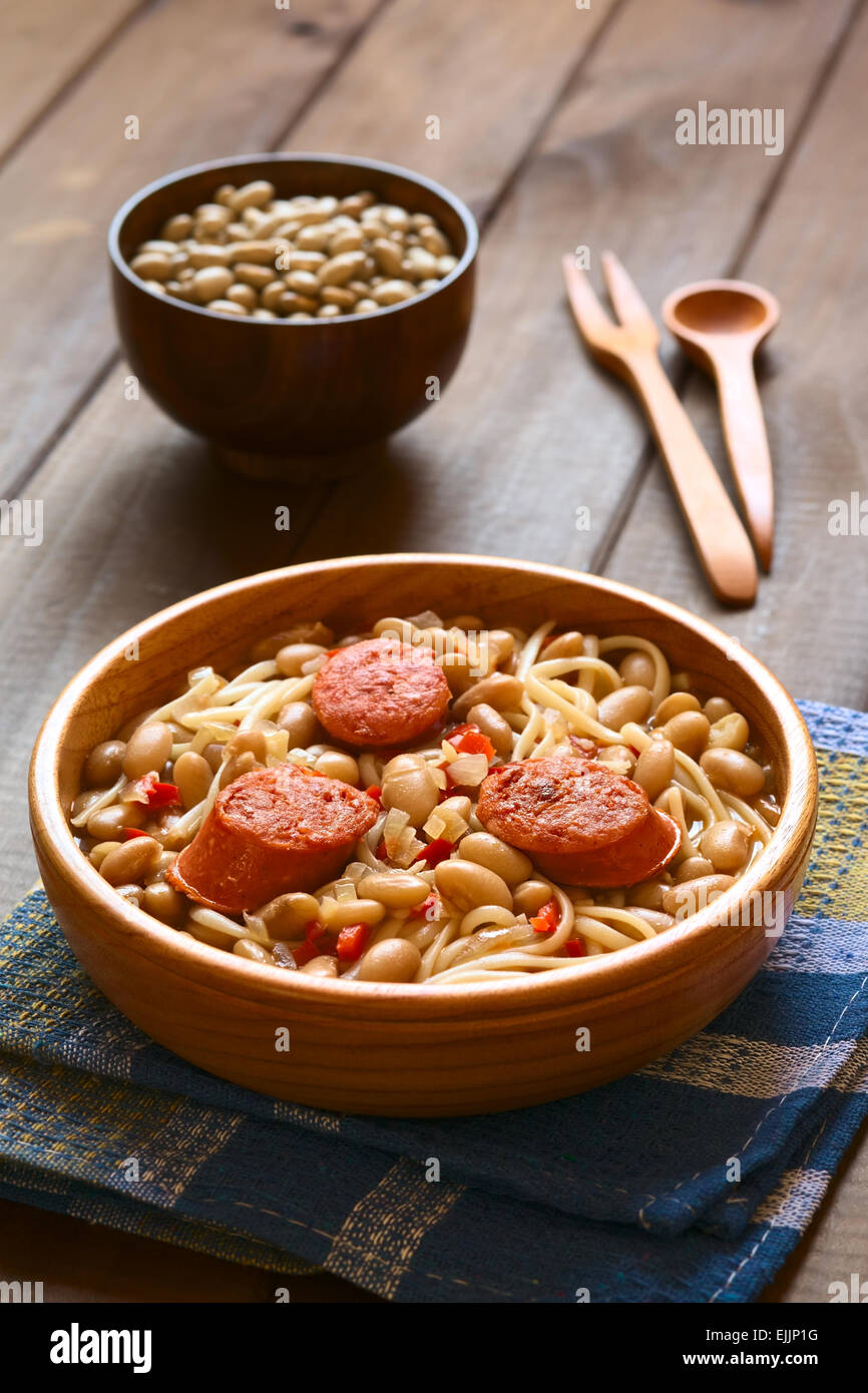 Traditional Chilean dish called Porotos con Riendas (English: beans with reins), made of cooked beans, linguine (flat spaghetti) Stock Photo