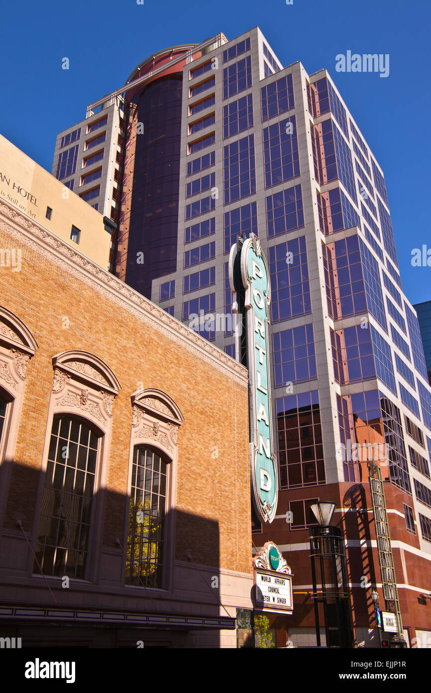 Portland landmark sign and skyscraper architecture Stock Photo Alamy