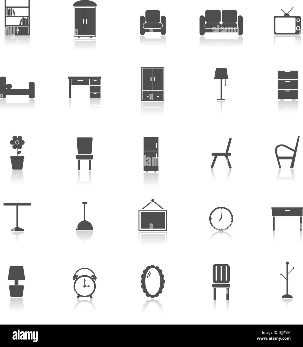 Furniture icons with reflect on white background, stock vector Stock