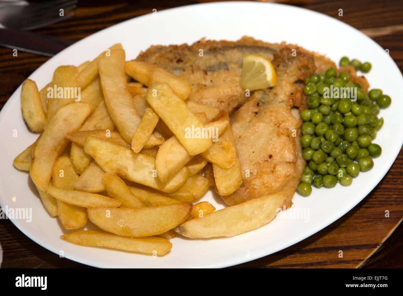 South Atlantic, Falklands, Port Stanley, Globe Tavern, bar food, plate of fish and chips Stock Photo