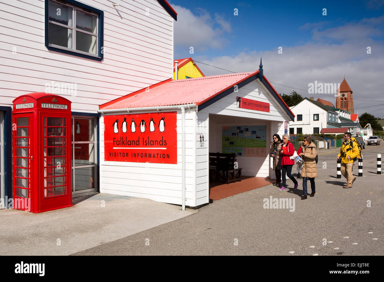 Falklands, Port Stanley, visitors approaching Jetty Visitor Centre, Visitor Information TIC Stock Photo