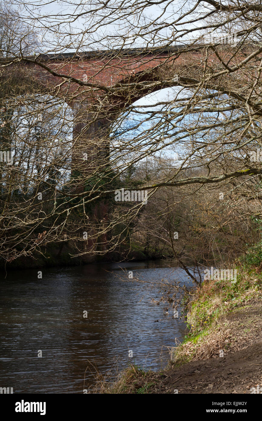 Viaduct as part of the Derwent Walk railway path and Coast to Coast route crossing the River Derwent next to Rowlands Gill. Stock Photo