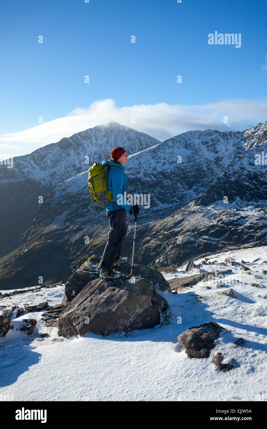 Winter walker beneath Brandon Peak, Dingle Peninsula, County Kerry, Ireland. Stock Photo
