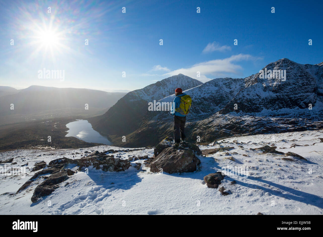 Winter walker looking over Lough Cruite from Brandon Mountain, Dingle Peninsula, County Kerry, Ireland. Stock Photo