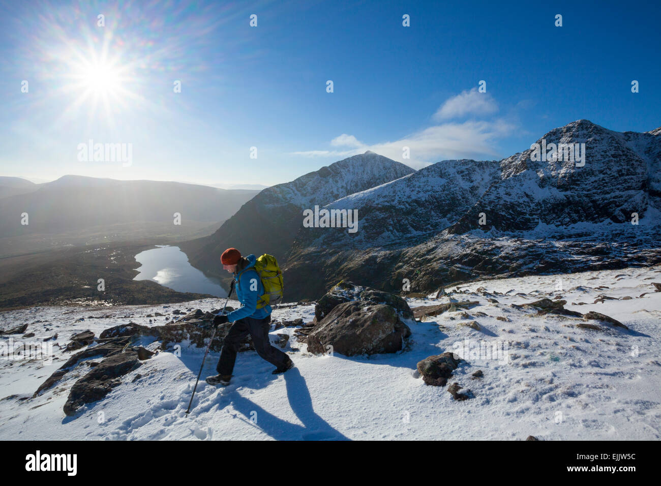 Winter walker above Lough Cruite on the slopes of Brandon Mountain, Dingle Peninsula, County Kerry, Ireland. Stock Photo