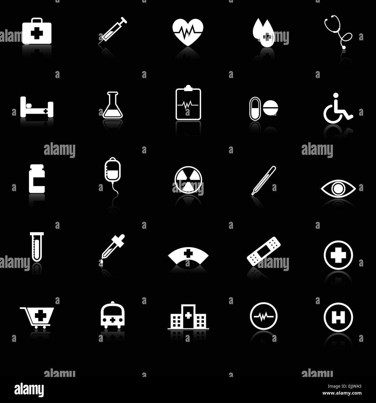 Medical icons with reflect on black background, stock vector Stock