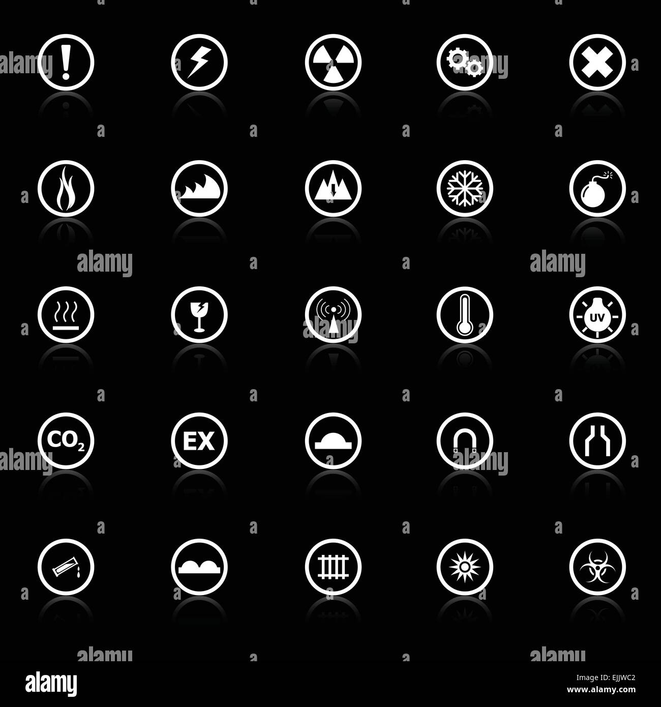 Warning sign icons with reflect on black background, stock vector Stock Vector