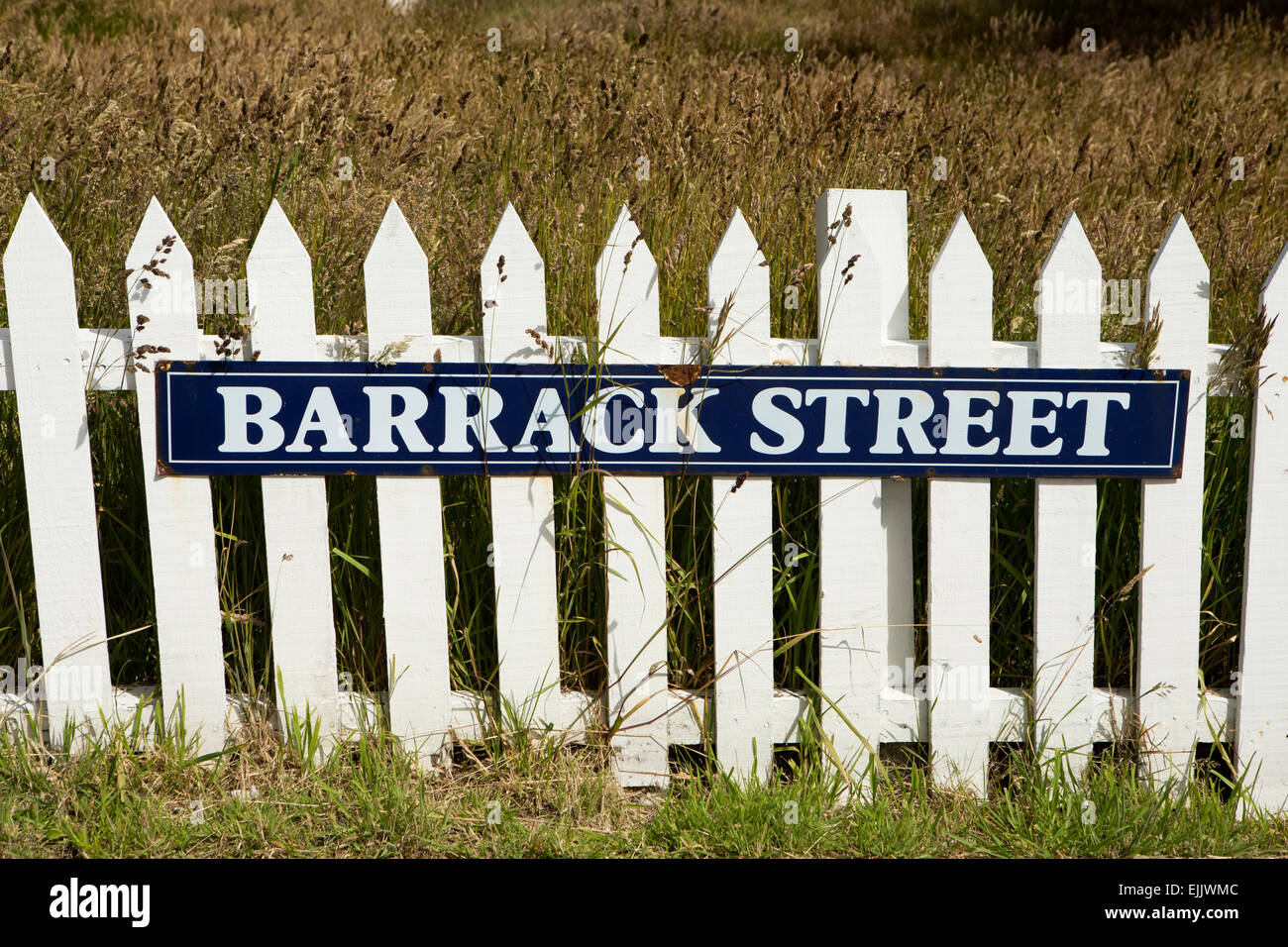Falklands, Port Stanley, Barrack Street, road name sign on white ...