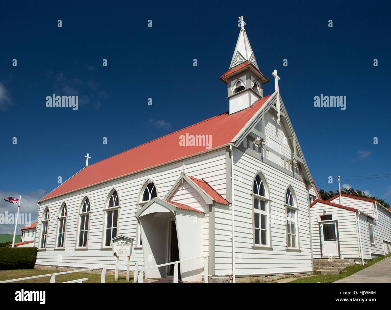 Falklands, Port Stanley, Ross, Road, St Mary’s redroofed, white clad