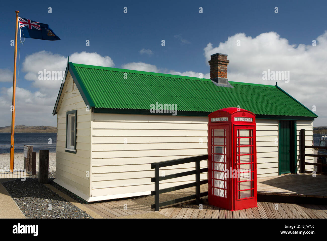 Falklands, Port Stanley, Historic, Dockyard Museum K6 phone box and Falklands Flag Stock Photo