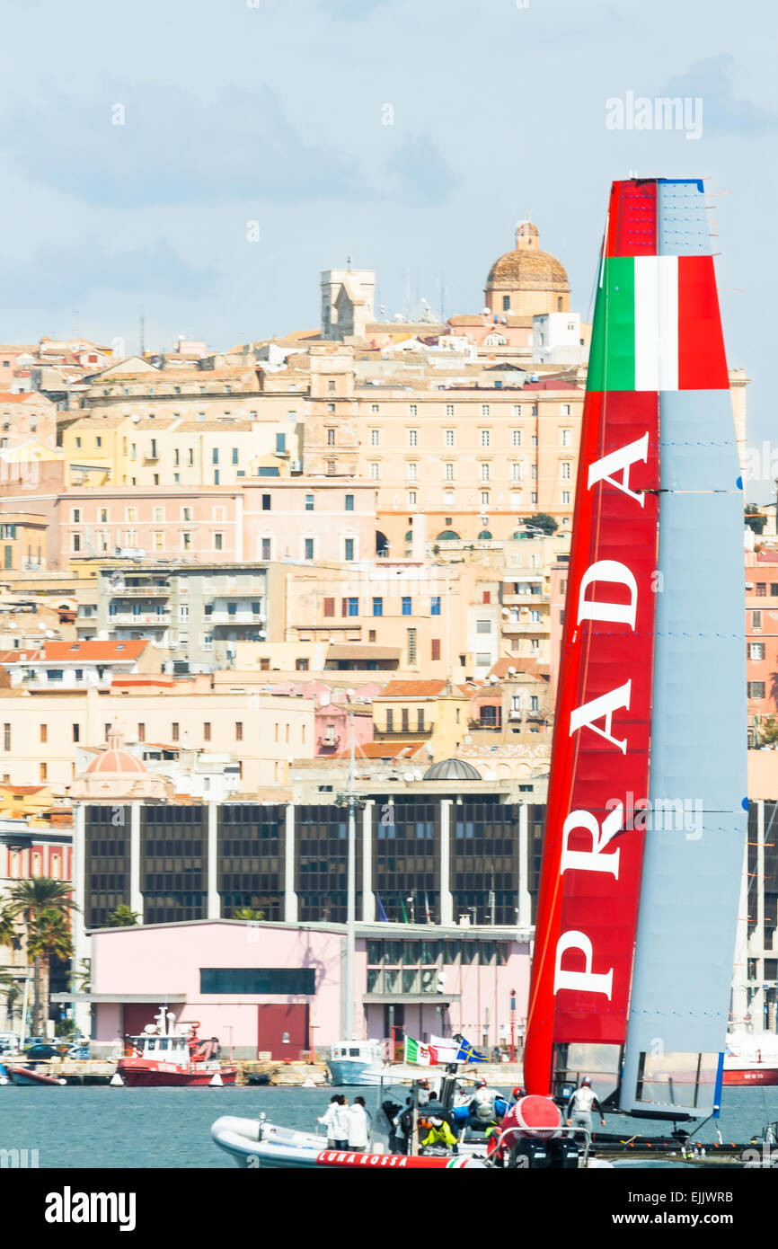Cagliari, Italy, March 8 2015: 'Luna Rossa Prada' team is training for American 's Cup in the Gulf of Cagliari Stock Photo