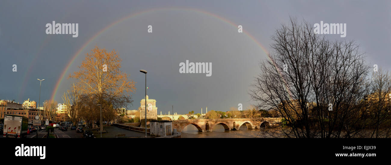 Rome, Italy. 27th Mar, 2015. Rainbow over the Milvian Bridge is a bridge over the Tiber in northern Rome, Italy. Credit:  Realy Easy Star/Alamy Live News Stock Photo