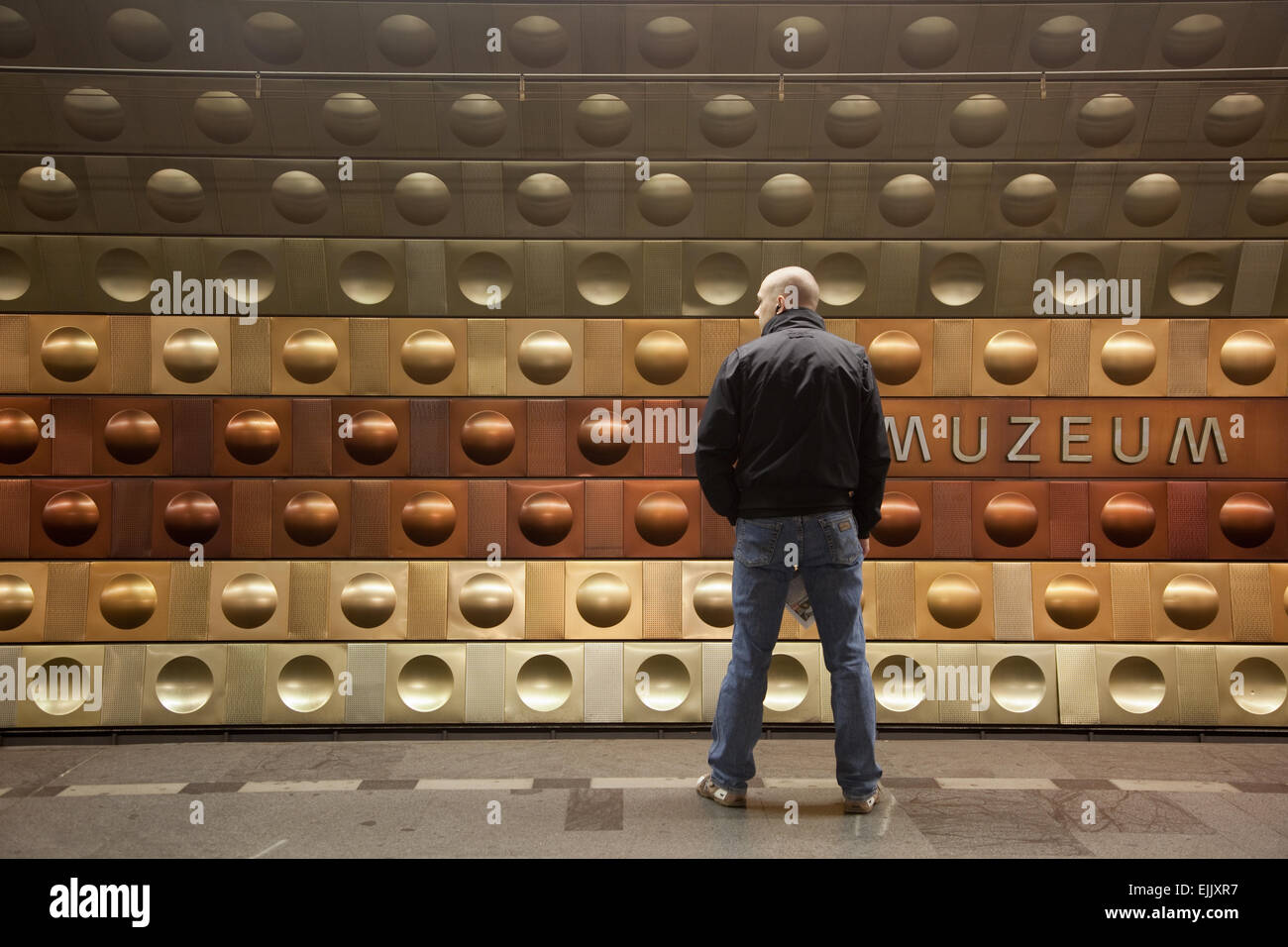 Trains and commuters on the Prague Metro in the Czech Republic Stock Photo