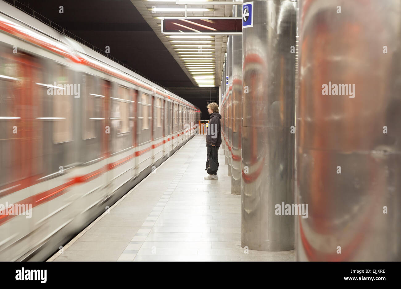 Trains and commuters on the Prague Metro in the Czech Republic Stock Photo