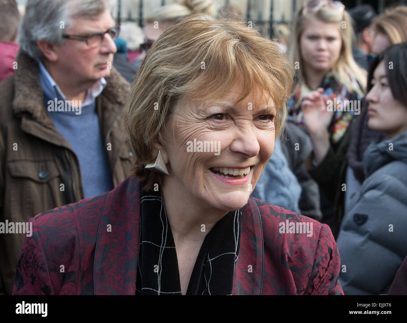 Joan Dawson Bakewell or Baroness Bakewell outside Westminster Abbey after the memorial service for Sir Richard Attenborough Stock Photo