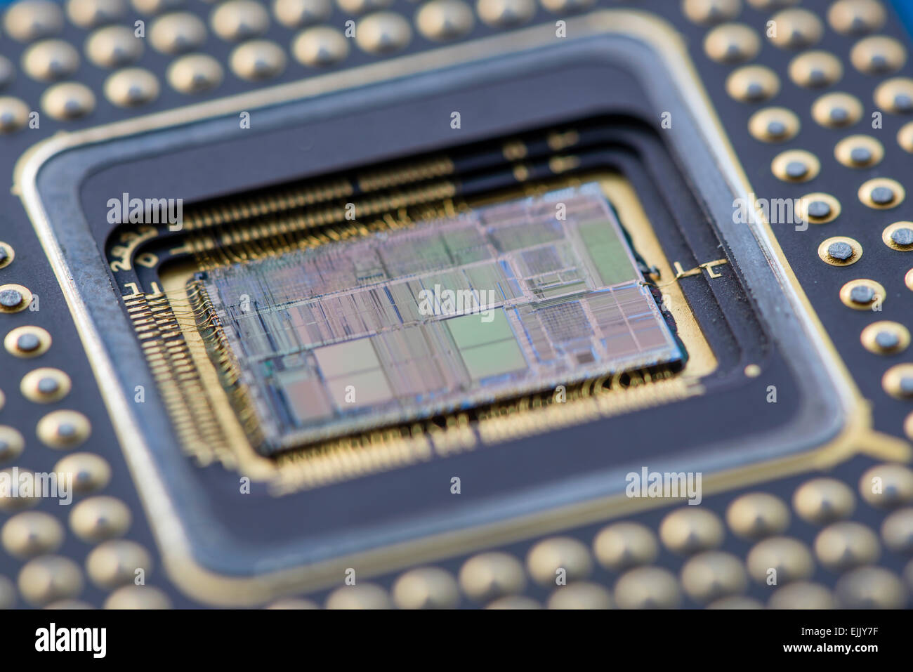 Close-up of an opened Intel 80486DX (i486) microprocessor, one of the most popular CPUs for personal computers in the 90ties. Stock Photo