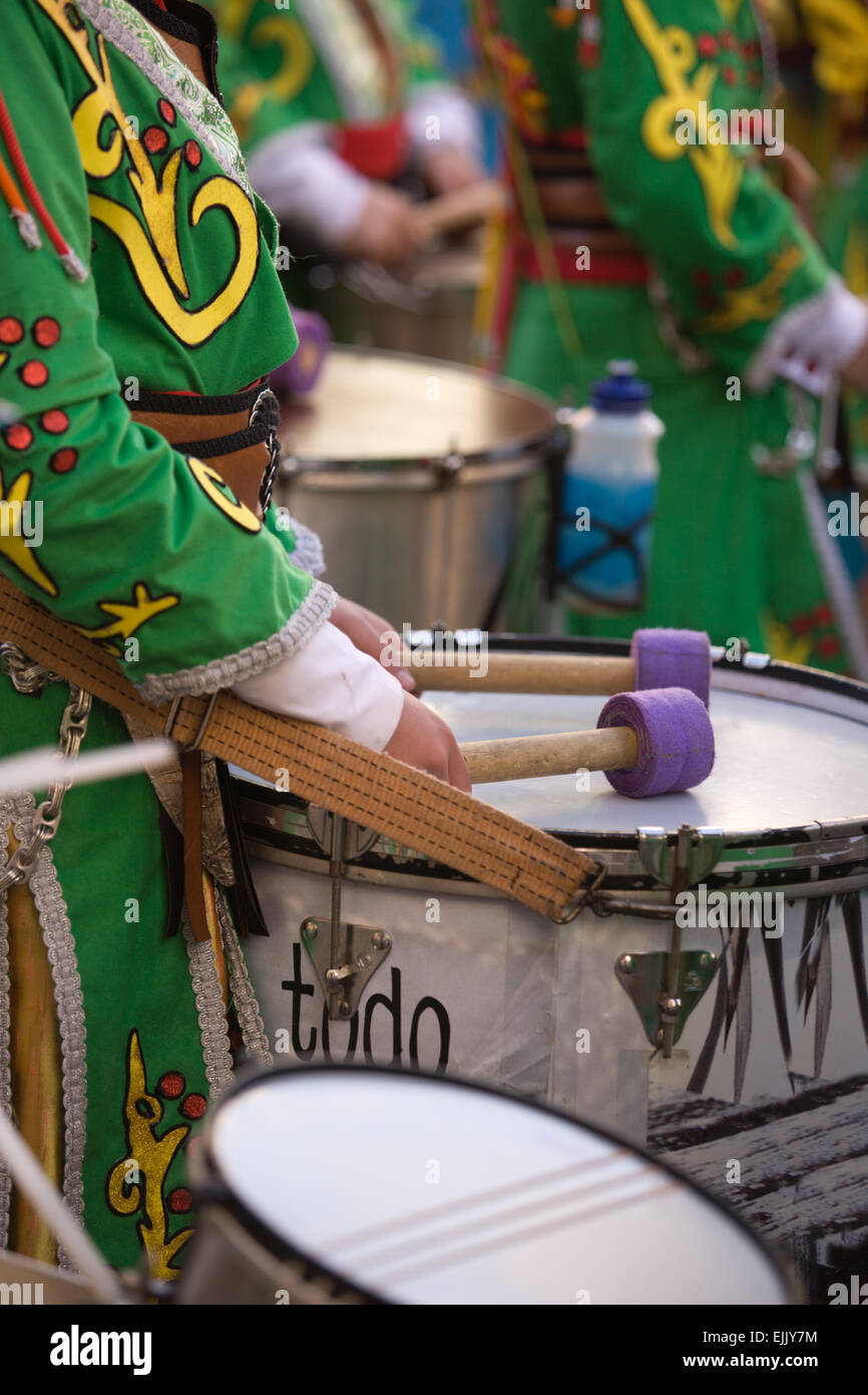 Percussion musician take part in the Carnival parade of comparsas at Badajoz, Spain Stock Photo