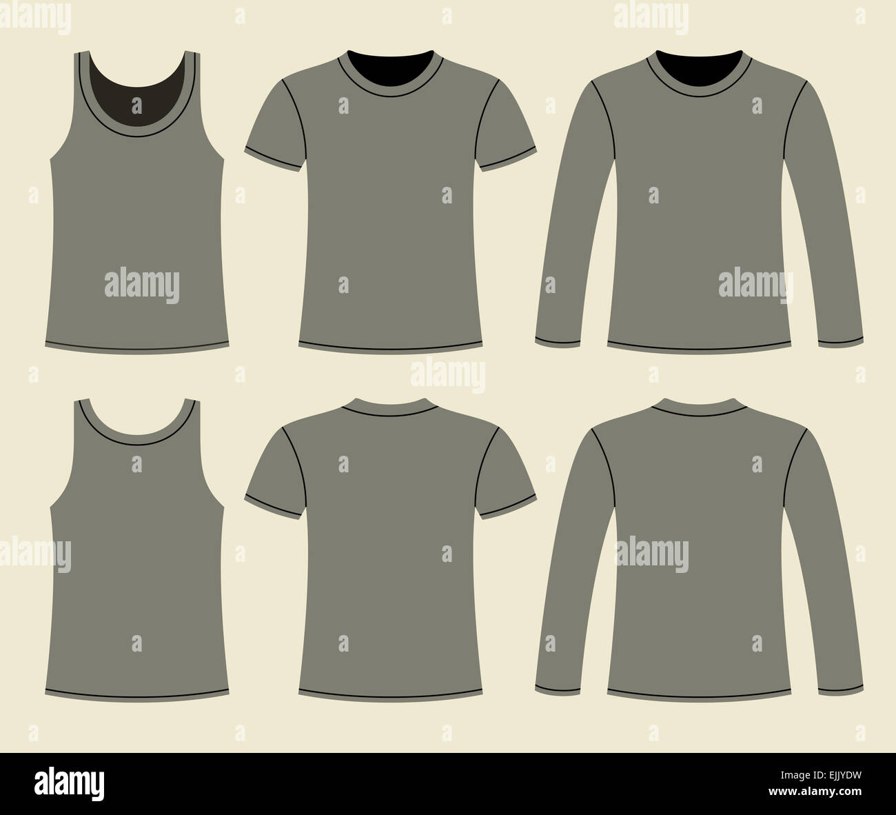 Singlet, T-shirt and Long-sleeved T-shirt template - front and back on light background Stock Photo