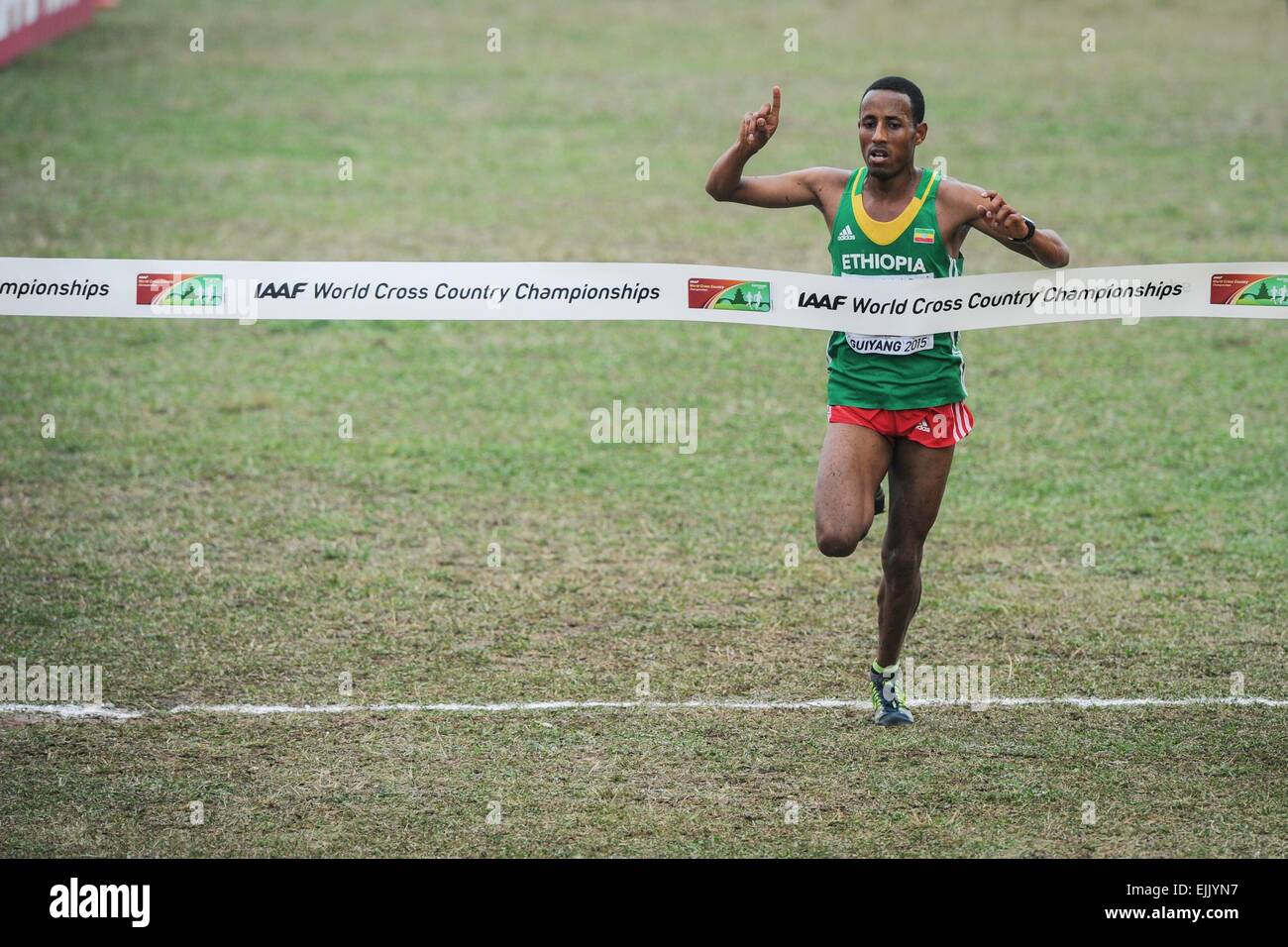 Guiyang, China's Guizhou Province. 28th Mar, 2015. Gold medalist Yasin Haji of Ethiopia celebrates during the men's junior group at the IAAF World Cross Country Championships in Guiyang, southwest China's Guizhou Province, March 28, 2015. Credit:  Ou Dongqu/Xinhua/Alamy Live News Stock Photo