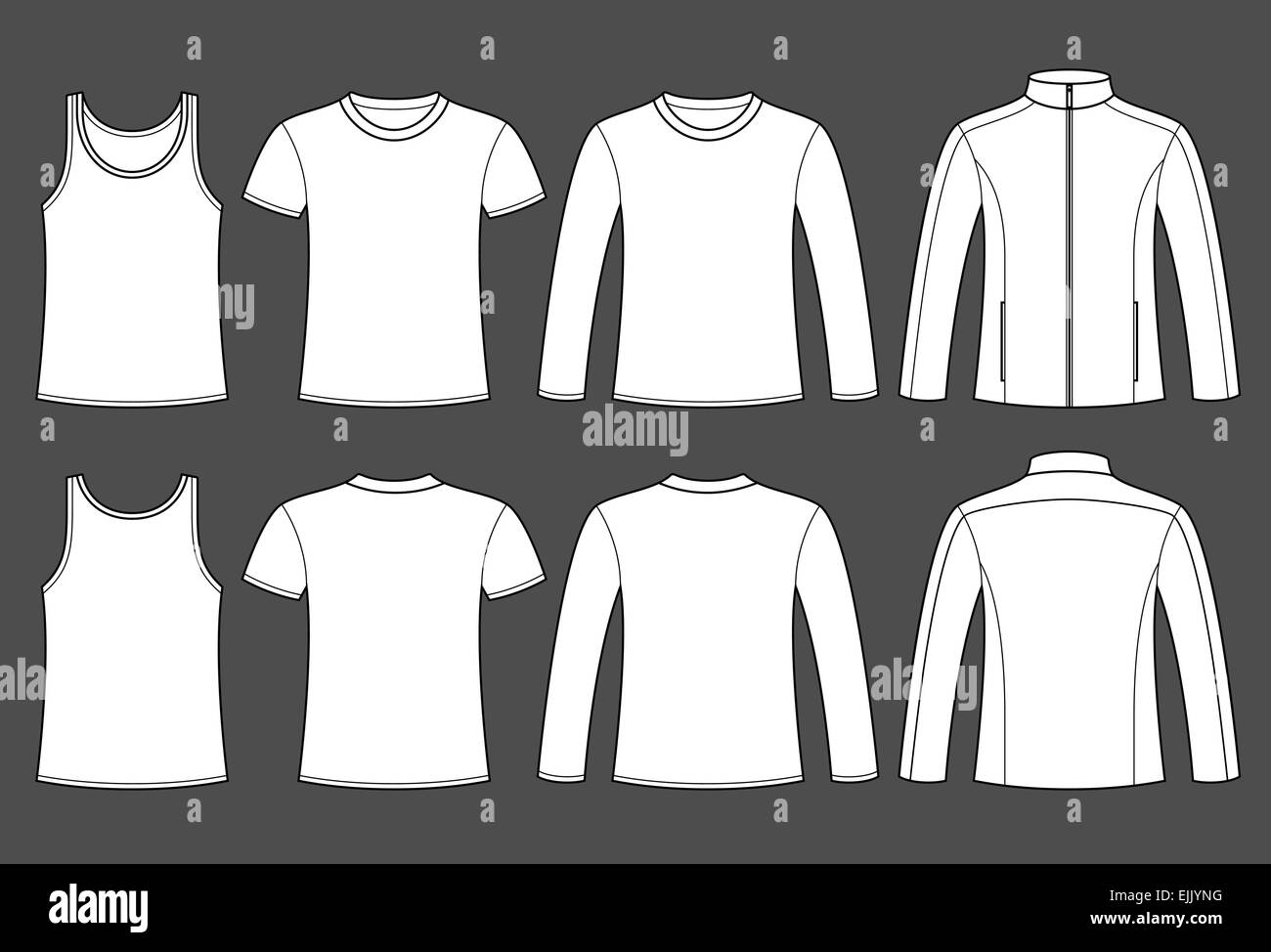 Singlet, T-shirt, Long-sleeved T-shirt and Jacket template - front and back on dark background Stock Photo