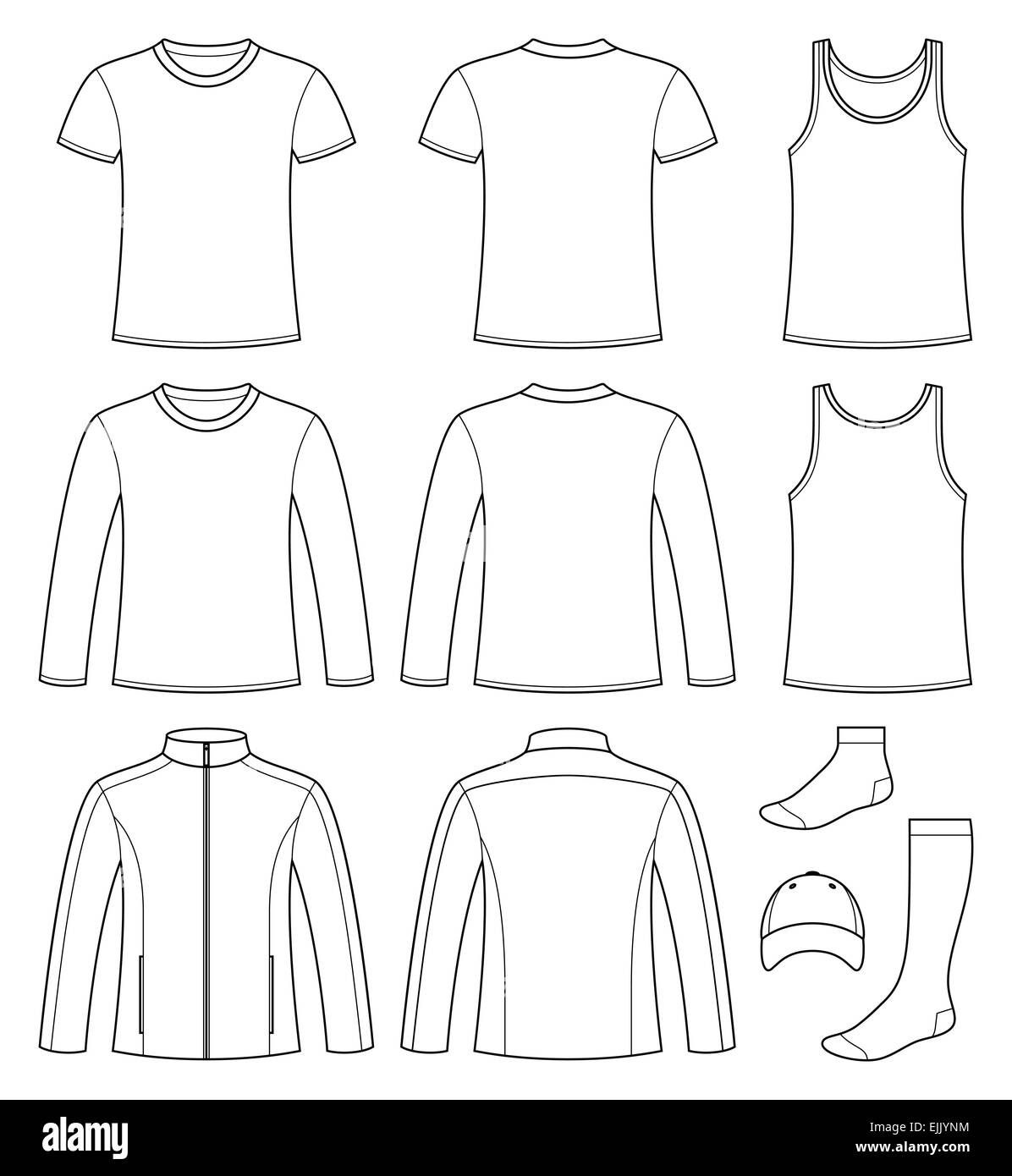 Singlet, T-shirt, Long-sleeved T-shirt, Jacket, Socks and Cap template - front and back isolated on white background Stock Photo