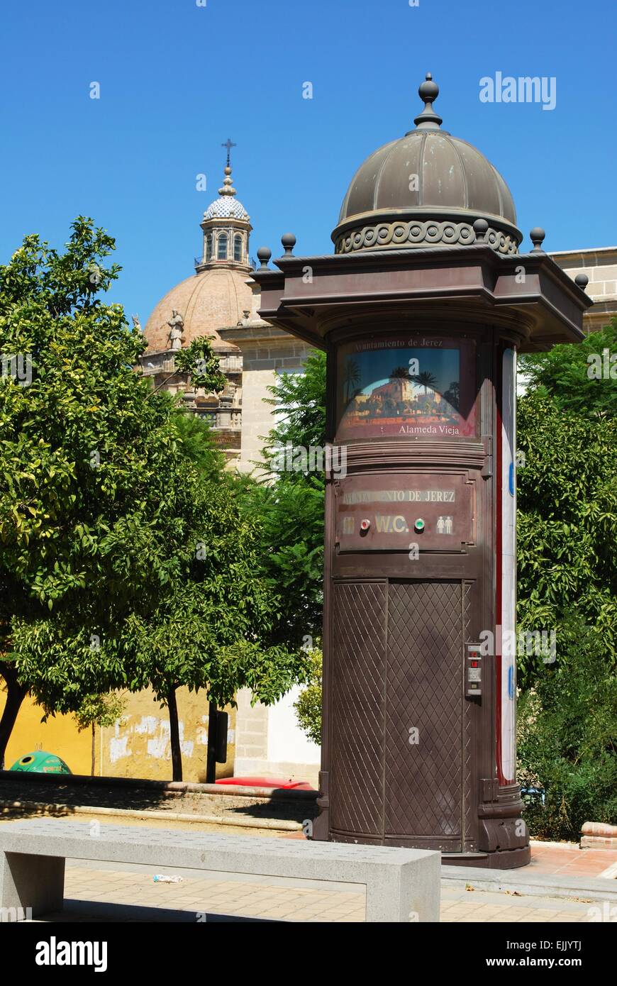 Old fashioned Water Closet with the Cathedral dome to the rear, Jerez de la Frontera, Cadiz Province, Andalusia, Spain. Stock Photo