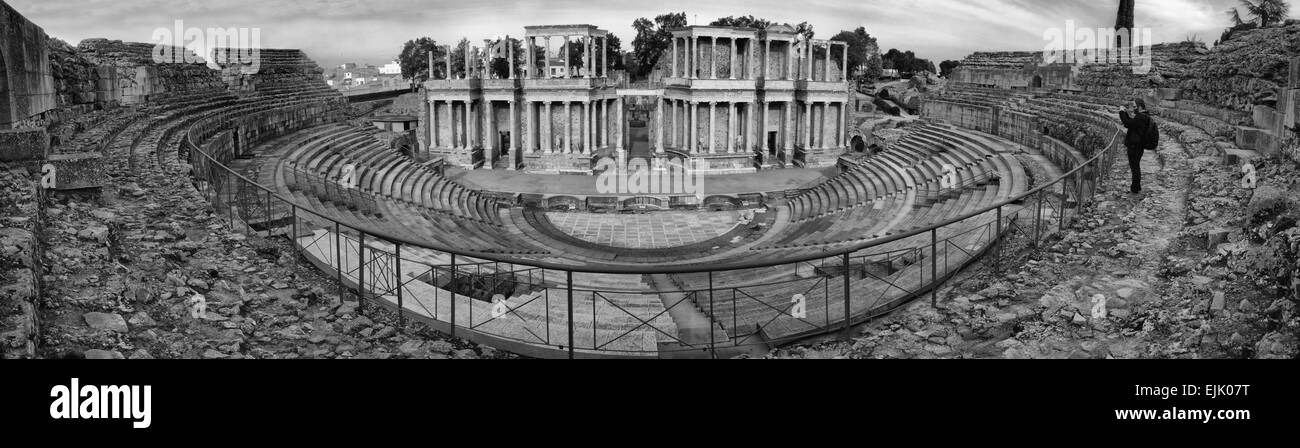 Roman theatre, located in the archaeological ensemble of Mérida. Panoramic Stock Photo